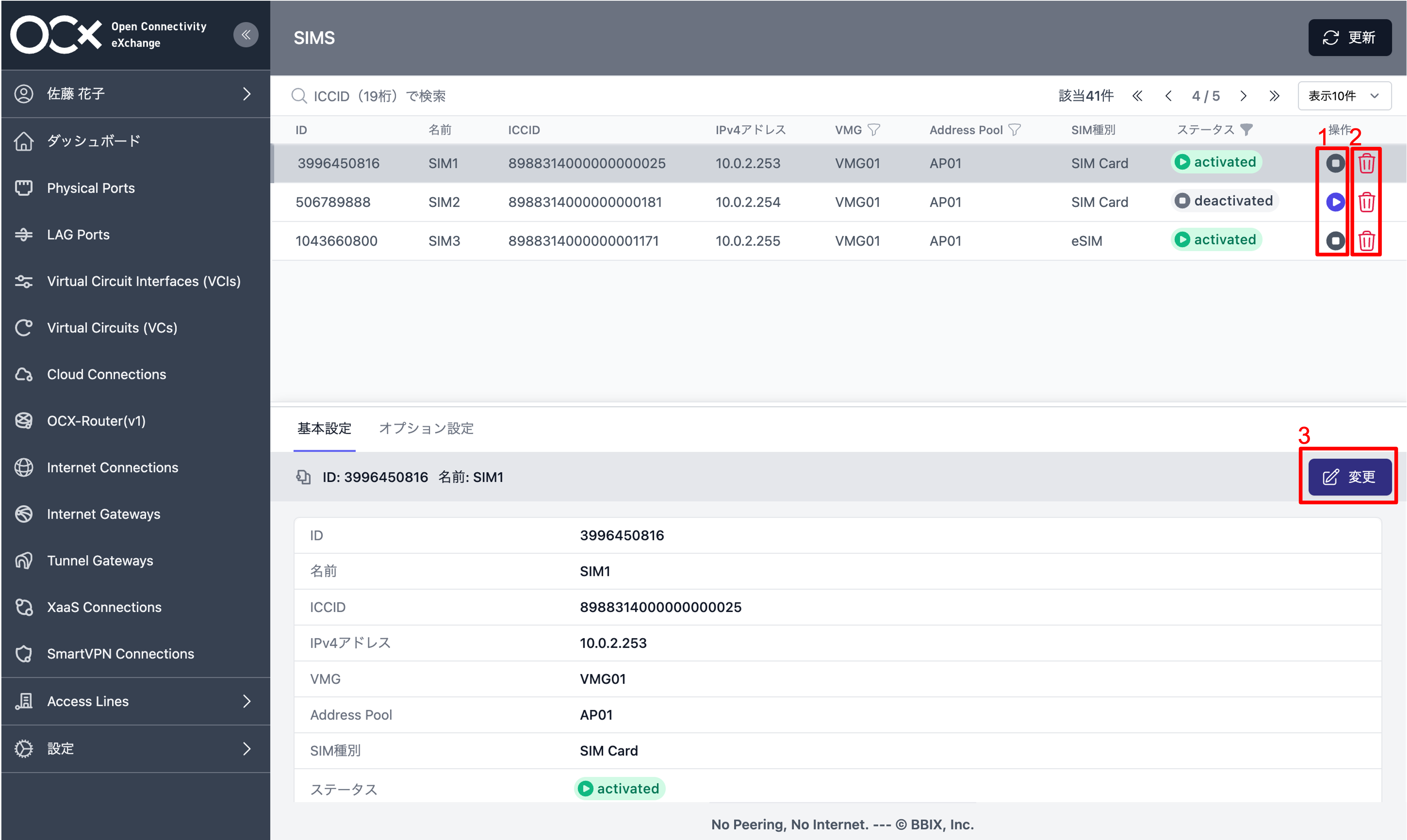 OCXポータル上のSIM画面内がハイライトされ、1〜3の番号が振られている。SIMリスト内の右端、StartアイコンとStopアイコンに「1」、Editアイコンに「2」、Deleteアイコンに「3」と書かれている。